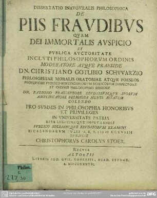 Dissertatio Inauguralis Philosophica De Piis Fraudibus