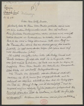 Brief an Willy Strecker an B. Schott's Söhne : 31.12.1924