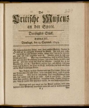 Dreißigstes Stück. Berlin, Dienstags, den 23. Septemb. 1749.