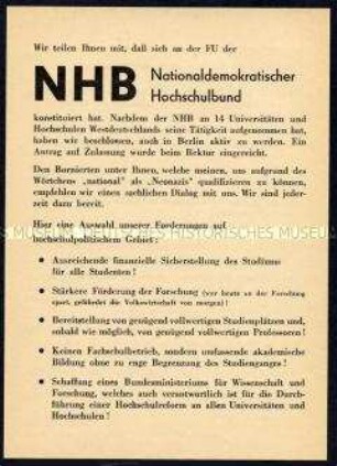 Flugblatt zur Konstituierung des Nationaldemokratischen Hochschulbundes an der Freien Universität