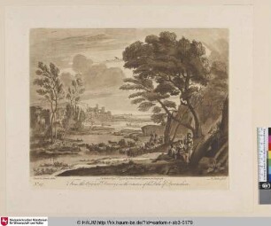[Landschaft mit Waldausgang, vorn drei ruhende Hirtinnen.; A Landscape, with Peasants and Cattle, enriched with Buildings.]
