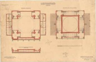Mellinger, Ludwig von; München; Armeemuseum - Neubau, Mittelbau, Trägeranlage (Grundriss 3. OG), Verankerung der Kuppelgurtbögen (Grundriss), Trägeranlage, Fries des Hauptgesimses (Schnitt)