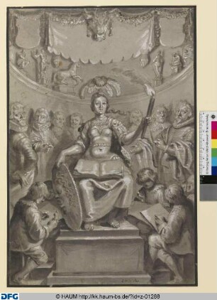 Das Licht der Zeichenkunst (Minerva mit Fackel, Buch und Schild sitzt Künstlern im Zeichensaal Modell)