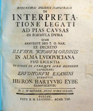 Dissertatio ivridica inavgvralis de interpretatione legati ad pias cavsas in formvla dvbia
