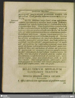 Selectorum Moralium Tentamen Tertium De Officio Hominis Circa Arcana