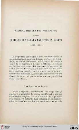 Deuxième rapport à l'Institut Égyptien sur les fouilles et travaux exécutés en Égypte. 1885-1886