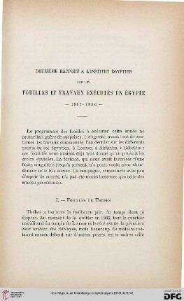 Deuxième rapport à l'Institut Égyptien sur les fouilles et travaux exécutés en Égypte. 1885-1886