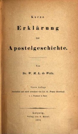 Kurzgefasstes exegetisches Handbuch zum Neuen Testament, 1,4. Kurze Erklärung der Apostelgeschichte