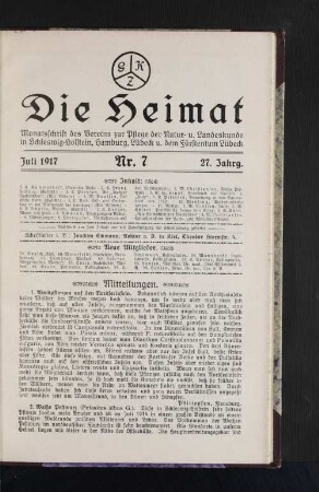 Juli 1917, 27. Jahrgang, Nr.7 : Monatsschrift des Vereins zur Pflege der natur- und Landeskunde in Schleswig-Holstein, hamburg, Lübeck und dem Fürstentum Lübeck.