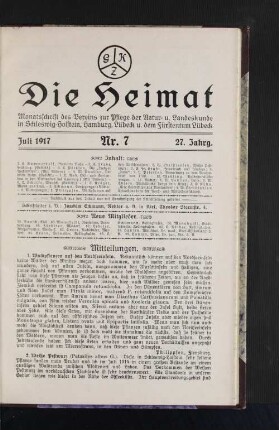 Juli 1917, 27. Jahrgang, Nr.7 : Monatsschrift des Vereins zur Pflege der natur- und Landeskunde in Schleswig-Holstein, hamburg, Lübeck und dem Fürstentum Lübeck.