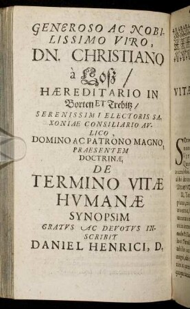 Generoso Ac Nobilissimo Viro, Dn. Christiano a Losz [...]