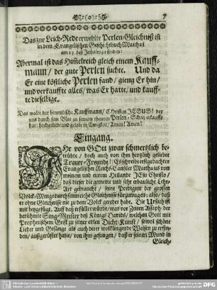Leichenpredigt : Perlen-Gleichniß. Eingang. Textus. Erklärung. Wunsch