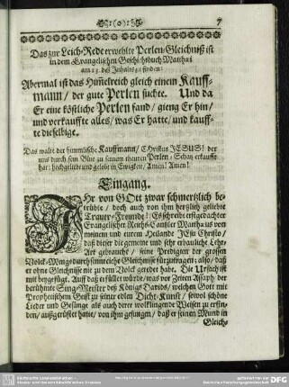 Leichenpredigt : Perlen-Gleichniß. Eingang. Textus. Erklärung. Wunsch