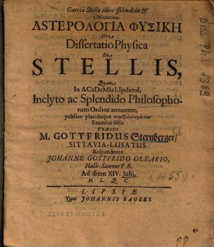 Asterologia Physikē Sive Dissertatio Physica De Stellis