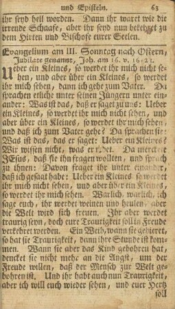 Evangelium am III. Sonntag nach Ostern, Jubilate genannt, Joh. am 16. v. 16-23.