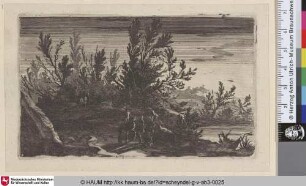 [Reiter auf einem bewaldeten Pfand bei Dämmerung; Riders on a wooded Path to left of a Pond]