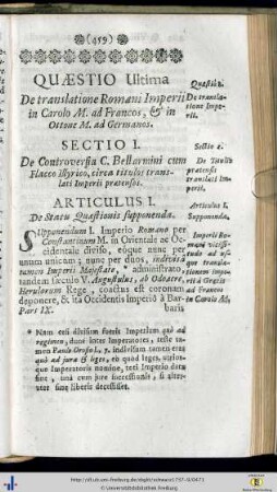 Quaestio VIII. De translatione Romani Imperii in Carolo M. ad Francos et in Ottone M. ad Germanos.