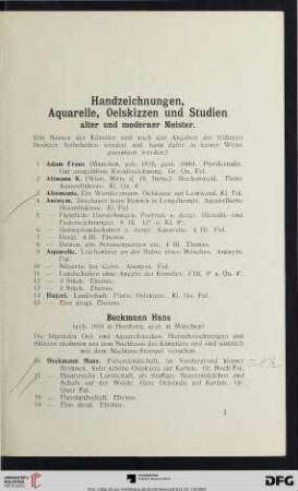 Handzeichnungen, Aquarelle, Oelskizzen und Studien alter und moderner Meister (Nr. 1-286)