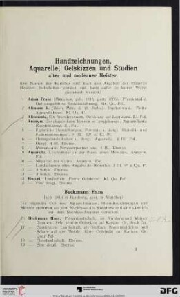 Handzeichnungen, Aquarelle, Oelskizzen und Studien alter und moderner Meister (Nr. 1-286)