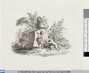 Amor und Bacchus vor einem Denkmal