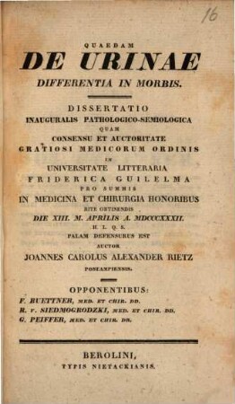 Quaedam de urinae differentia in morbis : diss. inaug. path. semiolog.