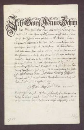 Schuldbrief des Georg Adam Schreglin zu Langenalb gegen die Amtskellerei Pforzheim