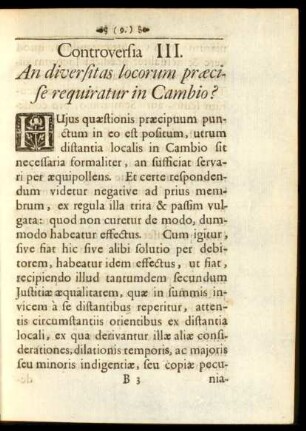 Controversia III. An diversitas locorum praecise requiratur in Cambio?