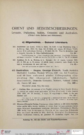 Orient und Reisebeschreibungen. Levante, Palästina, Indien, Ostasien und Australien (Nr. 414 - 486)