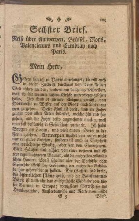Sechster Brief, Reise über Antwerpen, Brüssel, Mons, Valensiennes und Cambray nach Paris