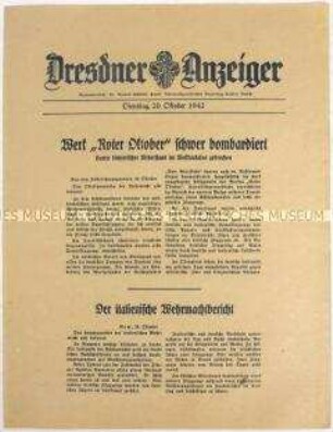 Nachrichtenblatt "Dresdner Anzeiger" mit Meldungen des Oberkommandos der Wehrmacht und des italienischen Oberkommandos u.a. zur Schlacht um Stalingrad und zum Kriegsgeschehen im Kaukasus