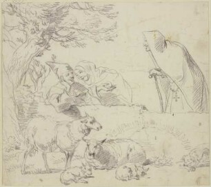 Zwei Nonnen bei einem Hirten, dabei zwei alte und zwei junge Schafe und ein Hund
