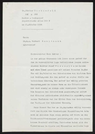 Brief von Günther Birkenfeld an Gerhart Hauptmann