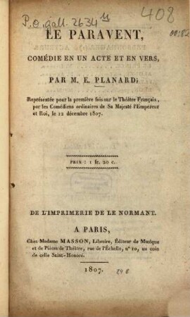 Le paravent : Comédie en un acte et en vers