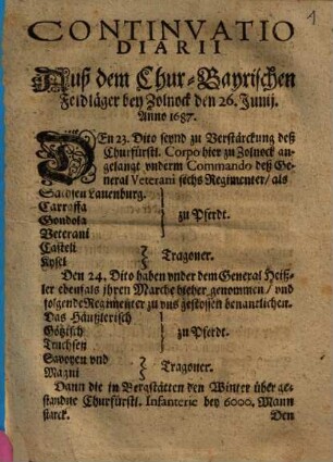 Continuatio Diarii Auß dem Chur-Bayrischen Feldläger bey Zolnock den 26. Junij. Anno 1687.
