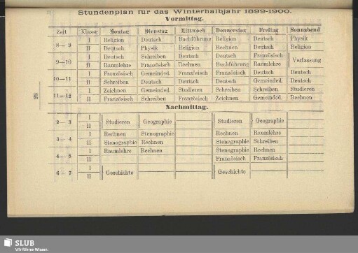 Stundenplan für das Winterhalbjahr 1899-1900