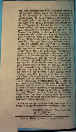 Algemeyn Besluyt Van de goede Mannen van den Ambachte, representerende het derde Lid der Stad Antwerpen in den Breeden Raede aen Myne Heeren van het Magistraet den achtsten Juny 1793. overgelevert