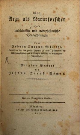 Der Arzt als Naturforscher oder medicinische und naturhistorische Beobachtungen