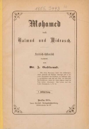 Abth. 1: Mohamed nach Talmud und Midrasch