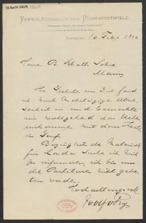 Brief an B. Schott's Söhne : 10.02.1892
