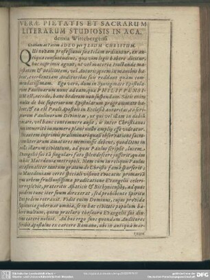 Verae Pietatis Et Sacrarum Literarum Studiosis In Academia Wittebergensi