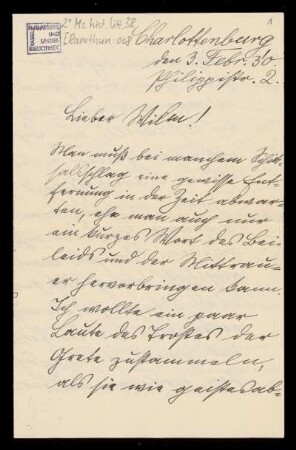 Brief von Reinhold Ramthun an Wilhelm Schwaner