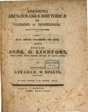 Lineamenta archaeologiae rhetoricae ex Cicerone et Quintiliano