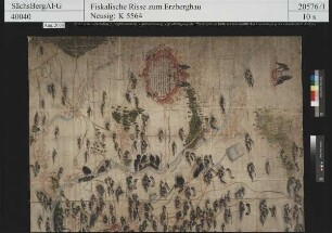 Bestandskarte des Bergbaus und der Schmelzhütten um Freiberg; Einhundertdreiundzwanzig (123) Gruben, sieben (7) Hauptstölln, sieben (7) Schmelzhütten, sechzehn (16) Dörfer, Teiche und Flüsse