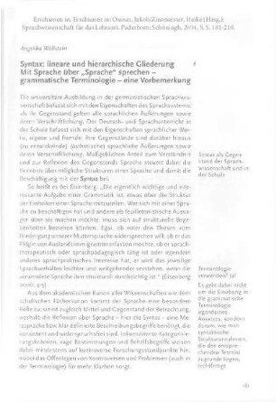 Syntax: lineare und hierarchische Gliederung. Mit Sprache über "Sprache" sprechen - grammatische Terminologie - eine Vorbemerkung
