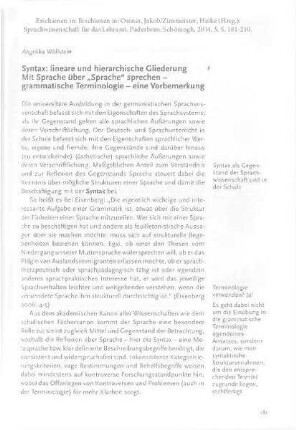 Syntax: lineare und hierarchische Gliederung. Mit Sprache über "Sprache" sprechen - grammatische Terminologie - eine Vorbemerkung