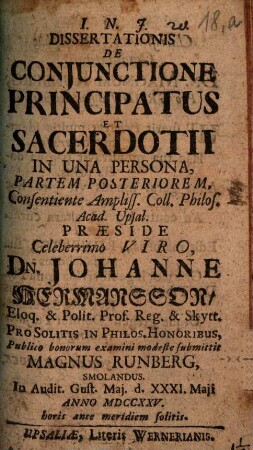 Exercitium Academicum De Coniunctione Principatus et Sacerdotii In Una Persone, 2. ... Partem Posteriorem