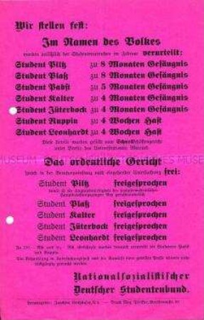 Flugblatt des NS-Studentenbundes mit der Verkündung der Revision von Gerichtsurteilen gegen einige seiner Mitglieder