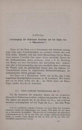 Anhang. Uebertragung der bisherigen Resultate auf den Raum von n Dimensionen.