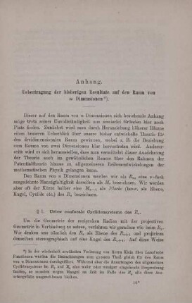 Anhang. Uebertragung der bisherigen Resultate auf den Raum von n Dimensionen.