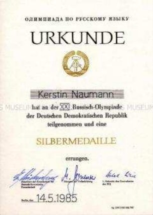 Urkunde zur Silbermedaille bei der 21. Russisch-Olympiade der DDR